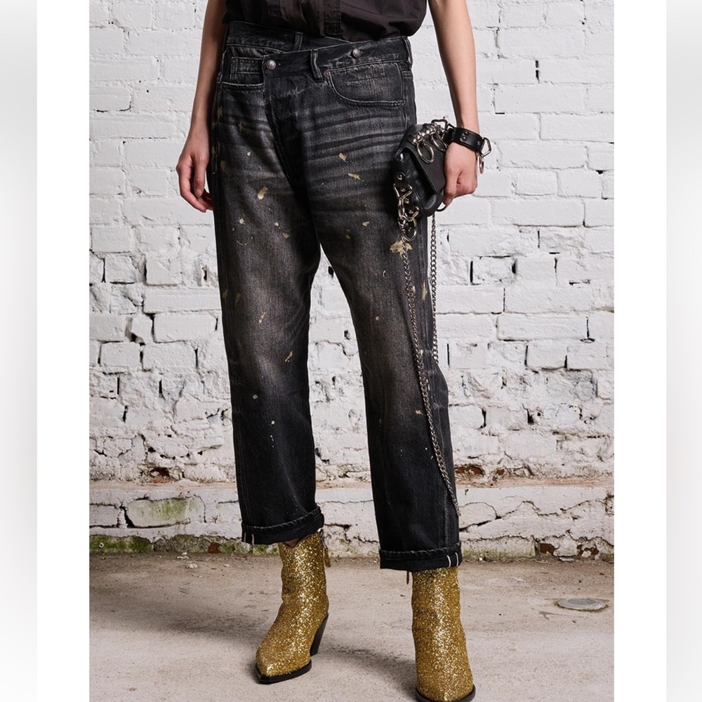 NWT R13 GOLD SPLATTER CROSSOVER JEAN - ETON SELVEDGE BLACK, 28